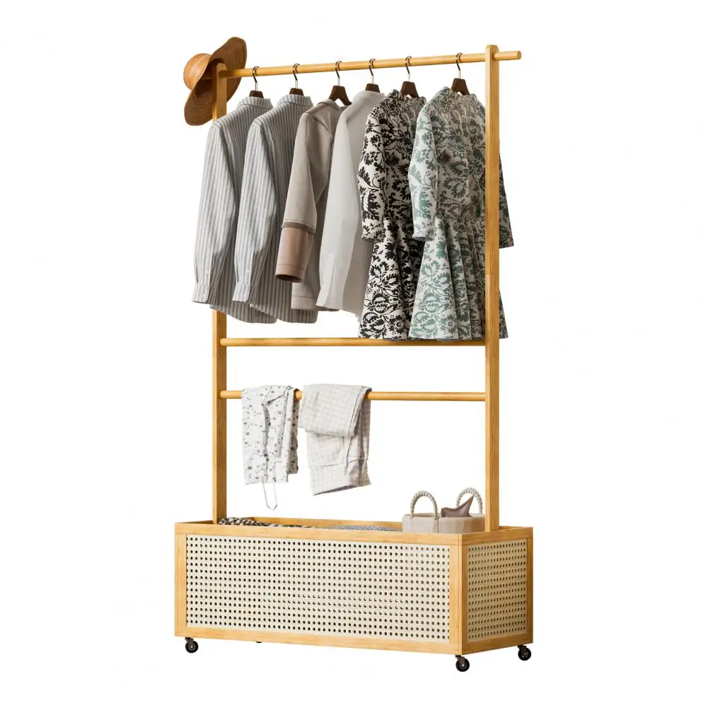 Bamboo Garment Rack, Entryway Coat Rack with Rattan Bin & Hanging Rod, 360 Degree Casters Wardrobe Closet Clothing Rack