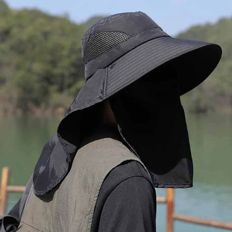 여름 햇빛 차단 모자 UV 차단 야외 사냥 낚시 모자 남녀 하이킹 캠핑 바이저 버킷햇 넥 플랩 어부 모자