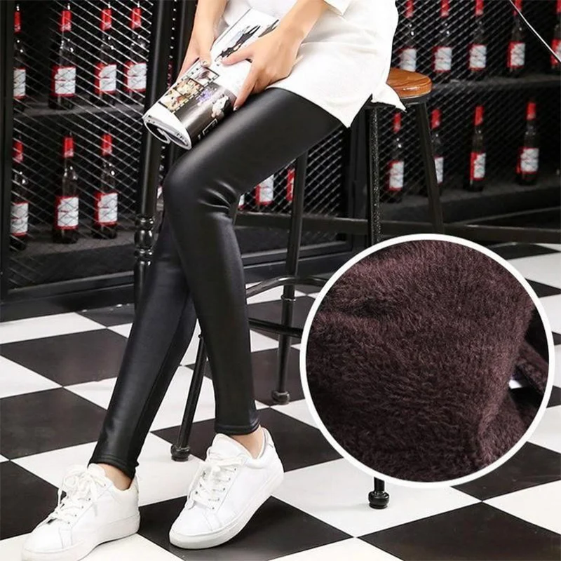 Autumn Winter Black Slim Plus Velvet Pu Pencil Pants Women Casual Fashion All-match Leggings Hipster Streetwear Trend Trousers