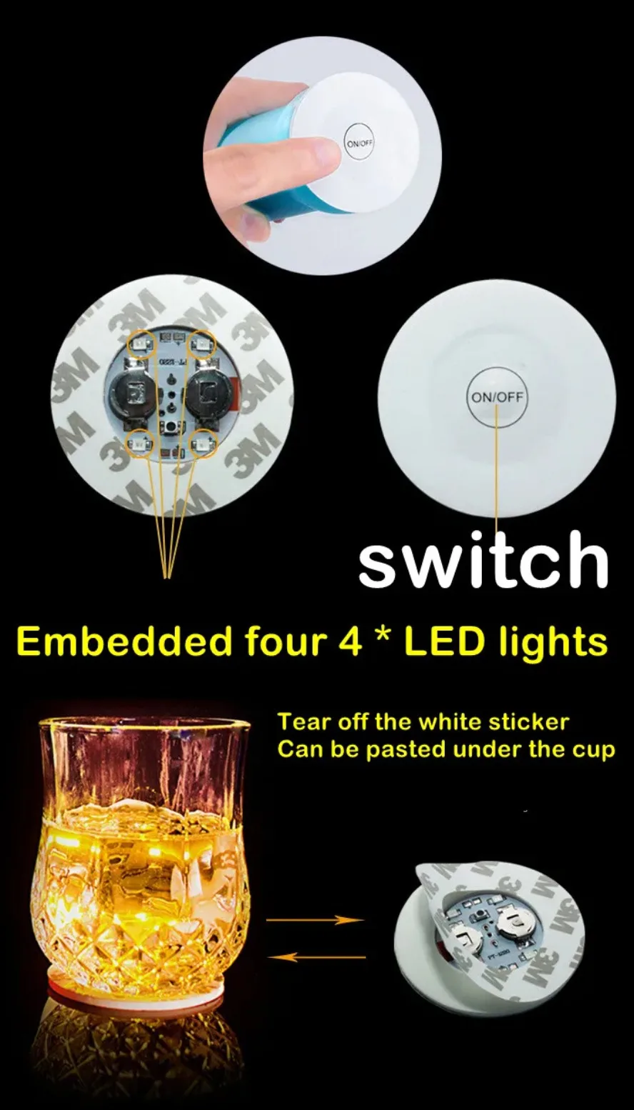 10/5PCS LED Coaster 3 Modes with Battery Powered Wine Glass Mat Cup Pad Sticker Bottle Drinking Club Bar Party Decor Night Light