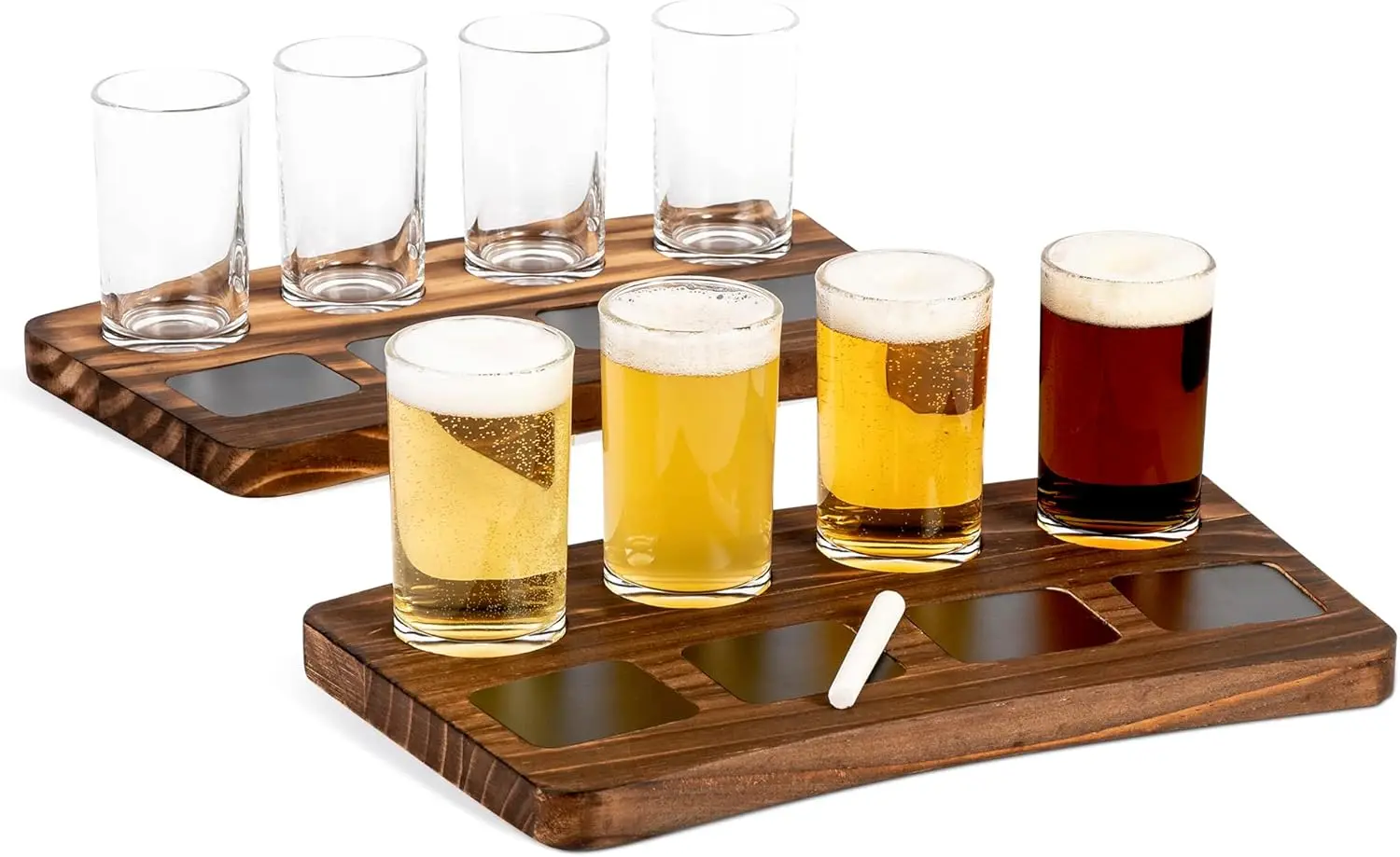 Beer Flight Board Tasting Kit Set, 13"x8", 2 Boards, 8 Glasses, Wood Paddle, Serving Tray, Chalkboard Labels, Craft Brew Sampler