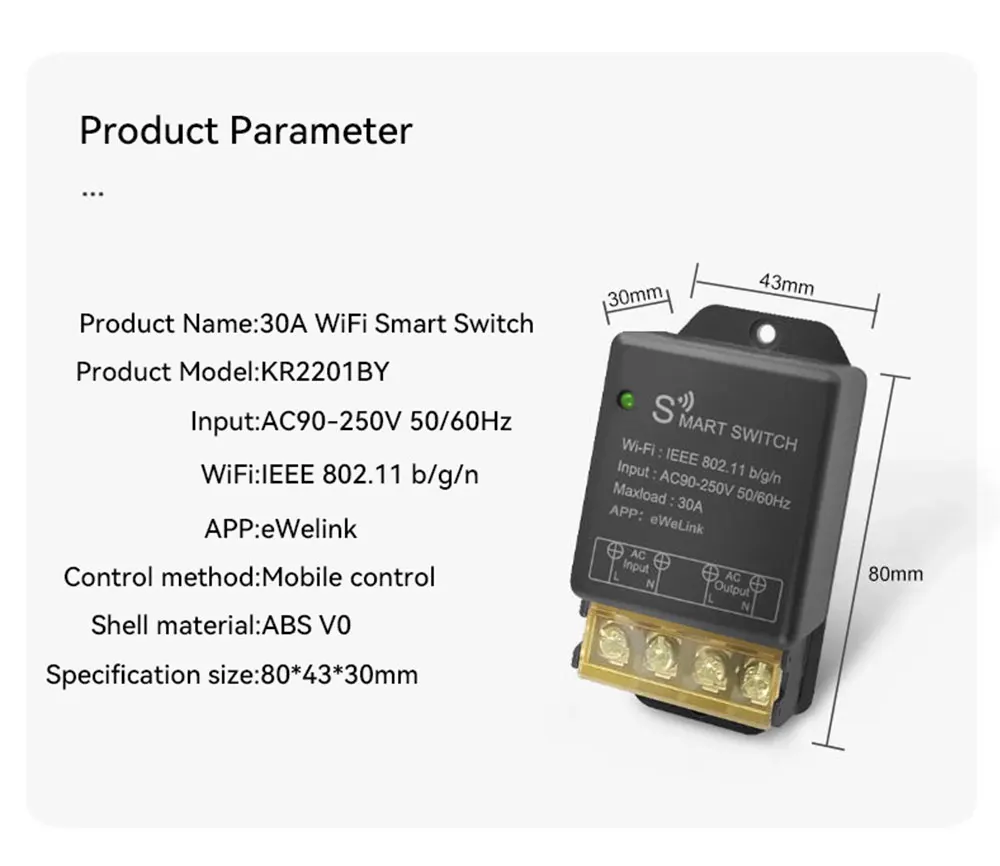 eWelink Smart Home WiFi Switch 30A AC90-250V Wireless Remote Control On Off DIY