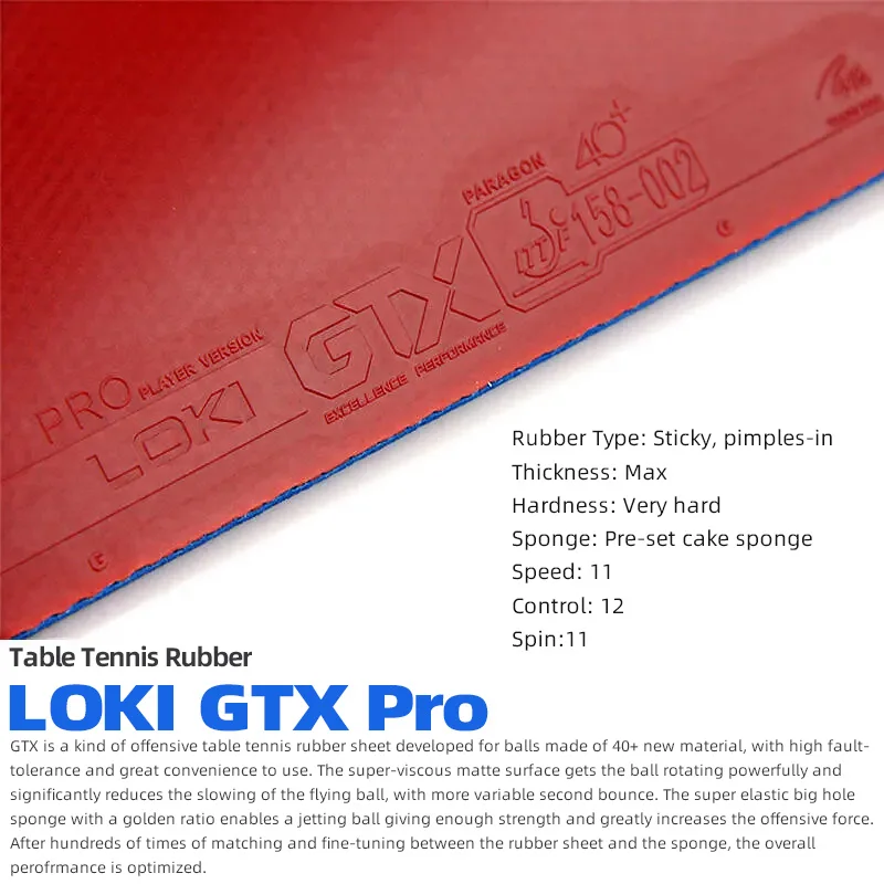 Genuine LOKI GTX Pro Table Tennis Rubber Sticky Pimples-in Ping Pong Rubber Sheet with Blue Pre-set Cake Sponge