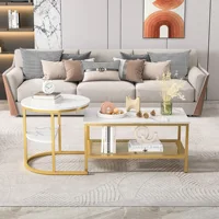 Ensemble Comanlia de 2 tables basses modernes avec pieds en métal doré, aspect marbre, table d'appoint en bois pour salon et chambre à coucher 2