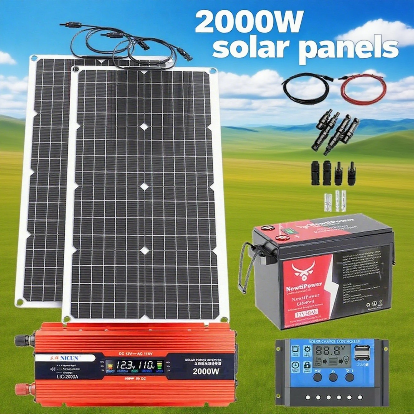 2000W Off-Grid Solar Complete Kit Power 100A Controller,110V 220V Inverter&10AH 30AH LiFePO4 แบตเตอรี่สำหรับบ้าน/RV/แคมป์ปิ้ง 1