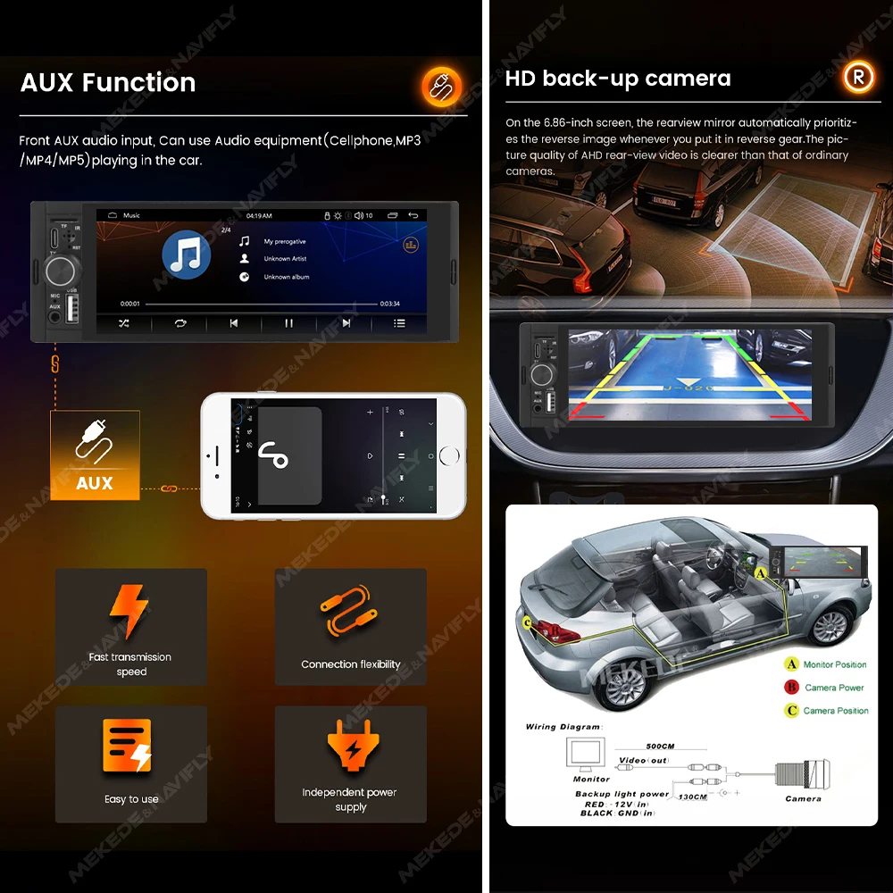 MEKEDE OD8 Reproductor de radio estéreo para coche MP5 universal de 6,86 pulgadas con CarPlay inalámbrico, Android Auto, pantalla táctil IPS de 1280×480, navegación GPS, Bluetooth, FM, MIC, AUX, USB tipo C y ranura para tarjeta TF – Sistema de vídeo multimedia para coche 5
