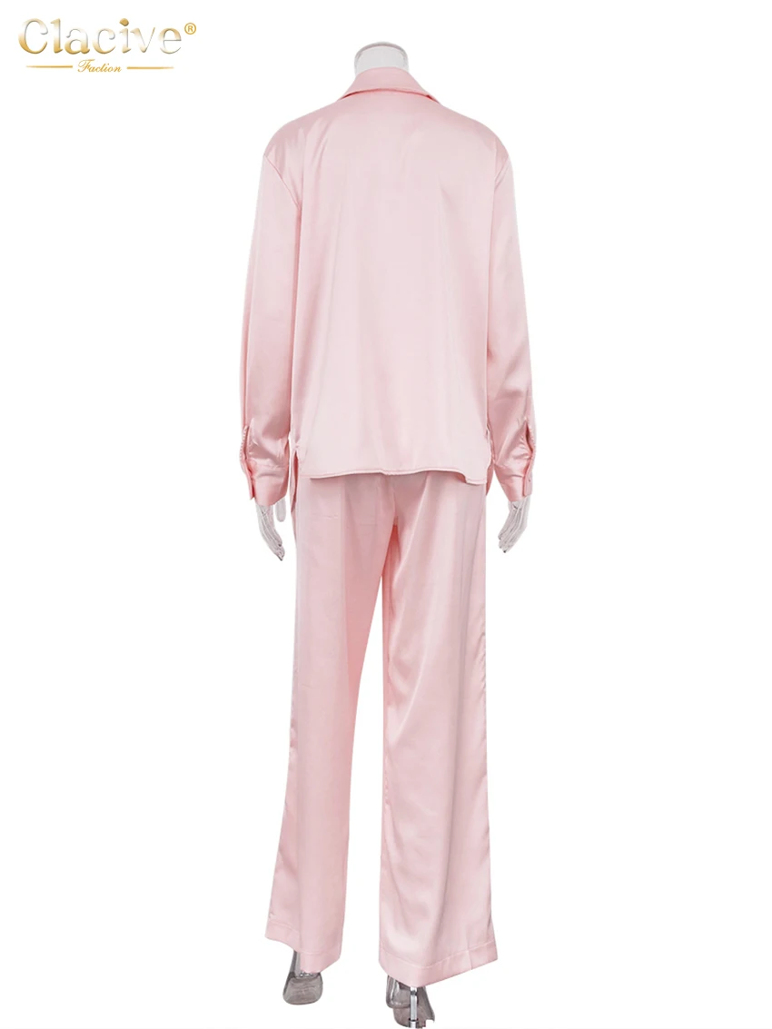 Clacive Fashion Loose Pink Satin Pants Sets For Women 2 Pieces 