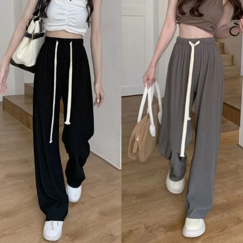 

Ice Silk Drawstring Wide-leg Pants Women Ins Korean Chic High-waisted Slim Straight-leg Trousers Loose Casual Sports Streetwear