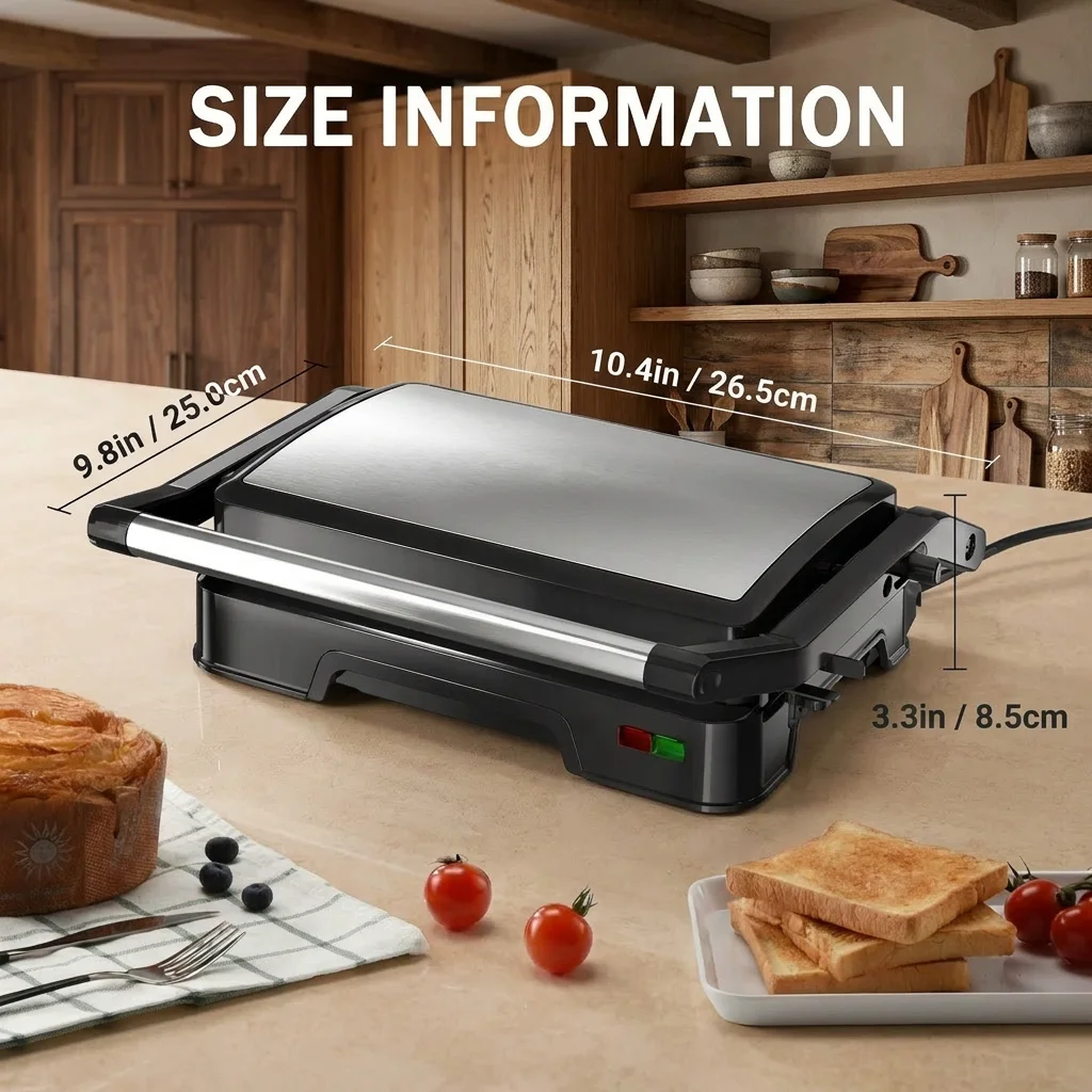 Panini Grill Press - 2-Slice, 180° Opening, Non-Stick Stainless Steel Plates for Versatile Grilling, Toasting, and Cooking, 900W 2
