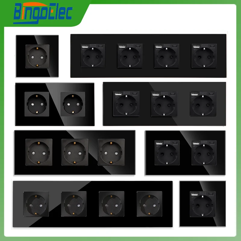 Bingoelec-tomada de Parede com Tomada Usb Padrão da ue 20w tipo c Carga Rápida Moldura de Vidro Cristal Tomadas Elétricas Tomadas de Parede