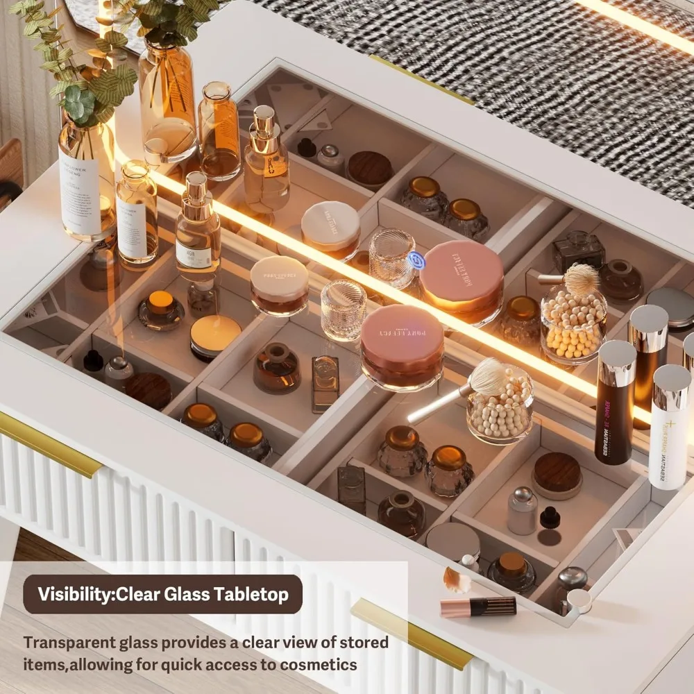 Makeup Vanity Desk ,with Mirror and Lights & Charging Station, Modern Glass Top Big Vanitys Table with 5 Drawers, Vanity Desk 5