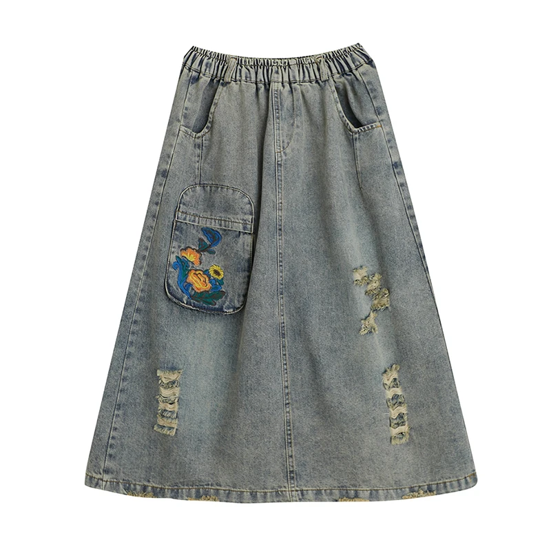 تنورات نسائية طويلة مطرزة عتيقة من قماش الدنيم ملا...