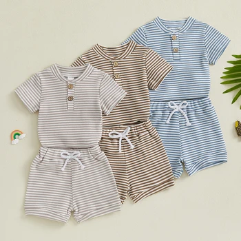 Newborn Toddler Baby Boy Clothes Set Striped Button-up V Neck Short Sleeve Bodysuit Elastic Waist Shorts 2 Piece Summer Outfit 1