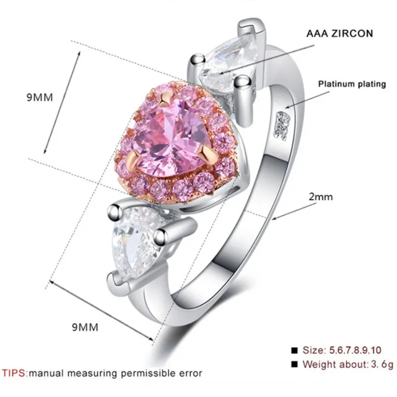 Women Rings Princess Propose Marriage Pink Heart Cubic Zirconia Engagement Wedding Jewelry