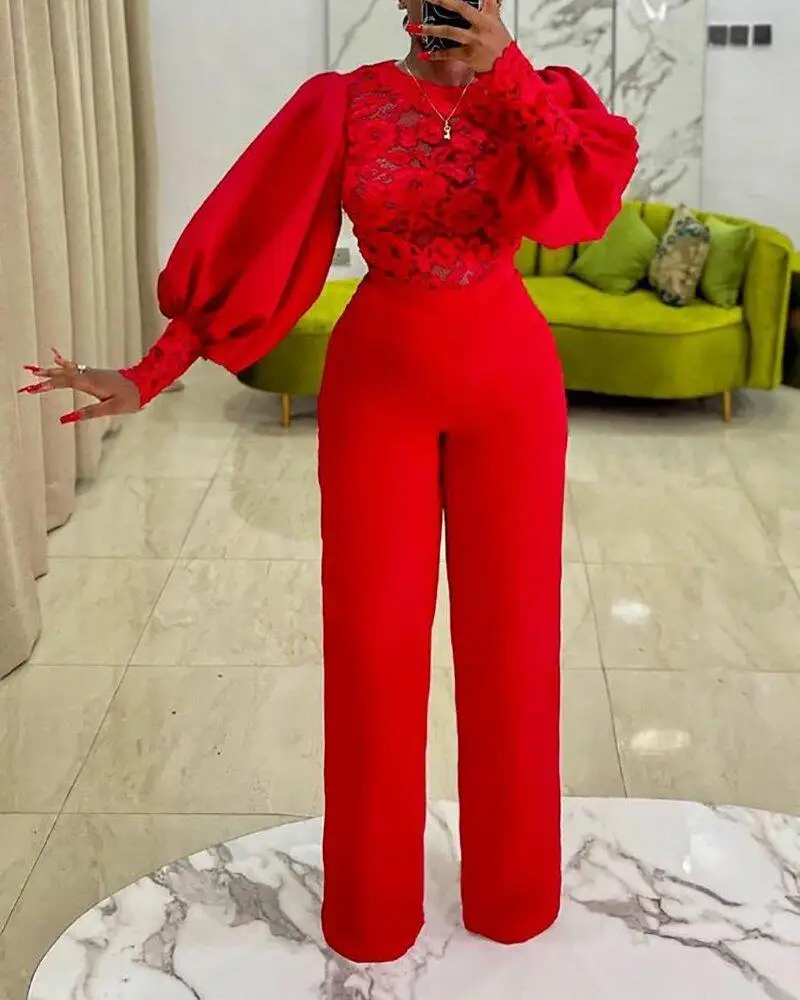 

African Jumpsuit for Women Spring Autumn African Long Sleeve O-neck Red Polyester Long Jumpsuit African Clothes Women