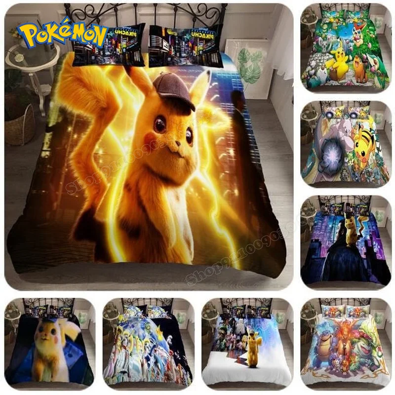 2/3pcs Pokemon Three piece Bed Sheet Set Pikachu Quilt Cover 3D Bedding