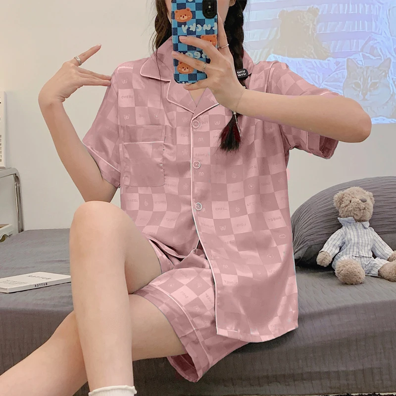 Summer Women Girl Fashion Flower Short Pajamas Sets Faux Silk Sleepwear Home Clothes
