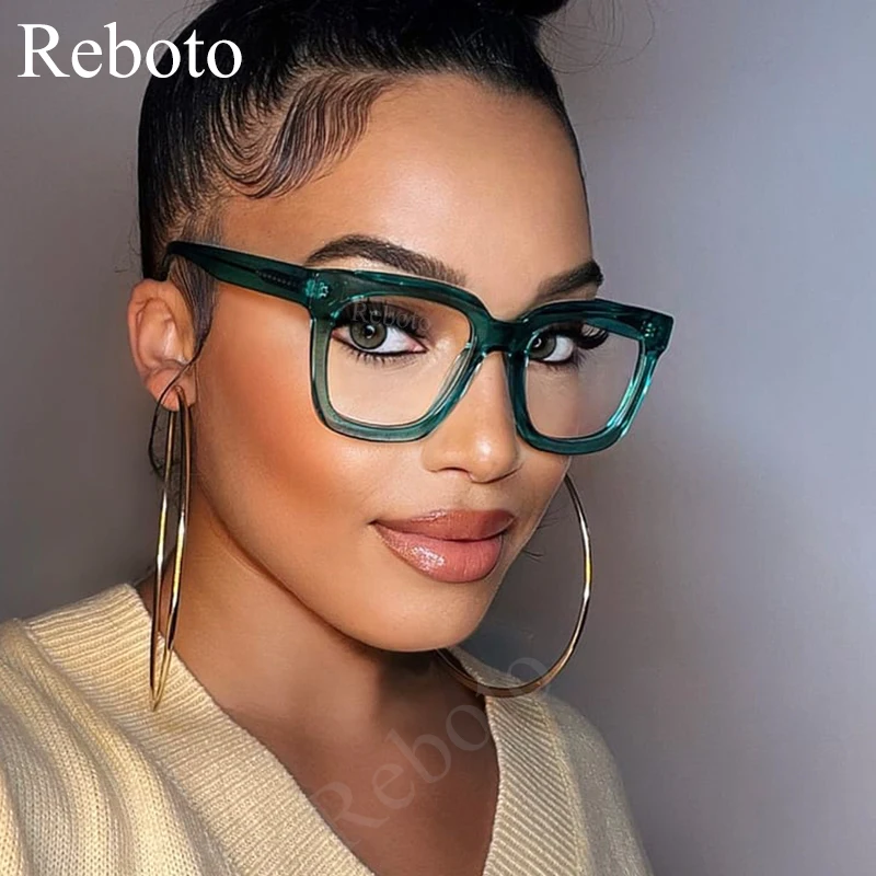 Women's Oversized Square Glasses Fashion Thick Clear Green