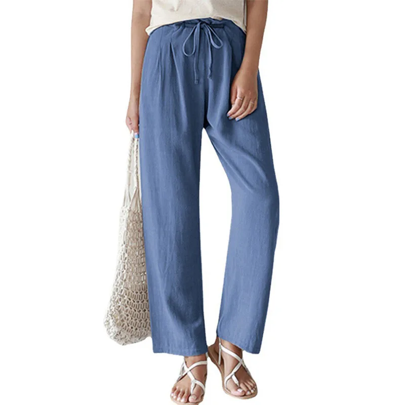 New Cotton and Linen Loose Casual Women's Pants Solid Color Elastic Waist Lace-up Straight Trousers