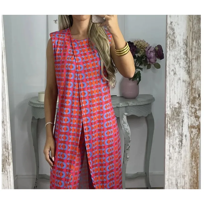 Women's Printed Round Neck Casual Sleeveless Top & Loose Pants Set Temperament Commuting Elegant Two Piece Suit Outfit for Women
