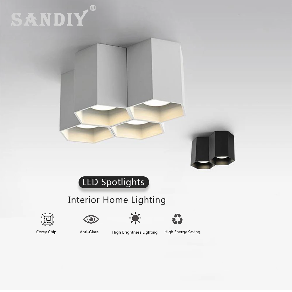 SANDIY 천장 조명 GU10 스포트라이트 육각형 다운 라이트 주방 거실 침실 복도 용 고휘도 천장 장착 LED 스팟 램프 미니멀리스트 가정용 조명기구 화이트 블랙 230v 220v 110v