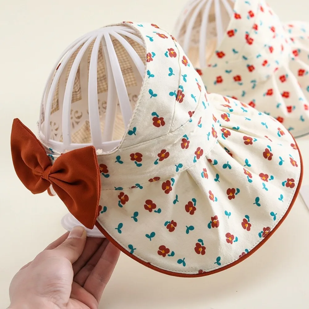 Comfortable Korean Style Flower Bucket Cap Wide Brim Bowknot Baby Shading Hat Breathable Anti-UV Empty Top Sunhat Girls