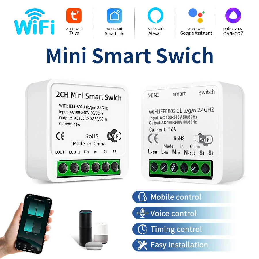 100-240V 16A 미니 Tuya WiFi 스마트 스위치 1/2CH 지능형 인터럽터 릴레이 차단기는 Google 홈 Alexa Smart Life 앱과 함께 작동합니다.