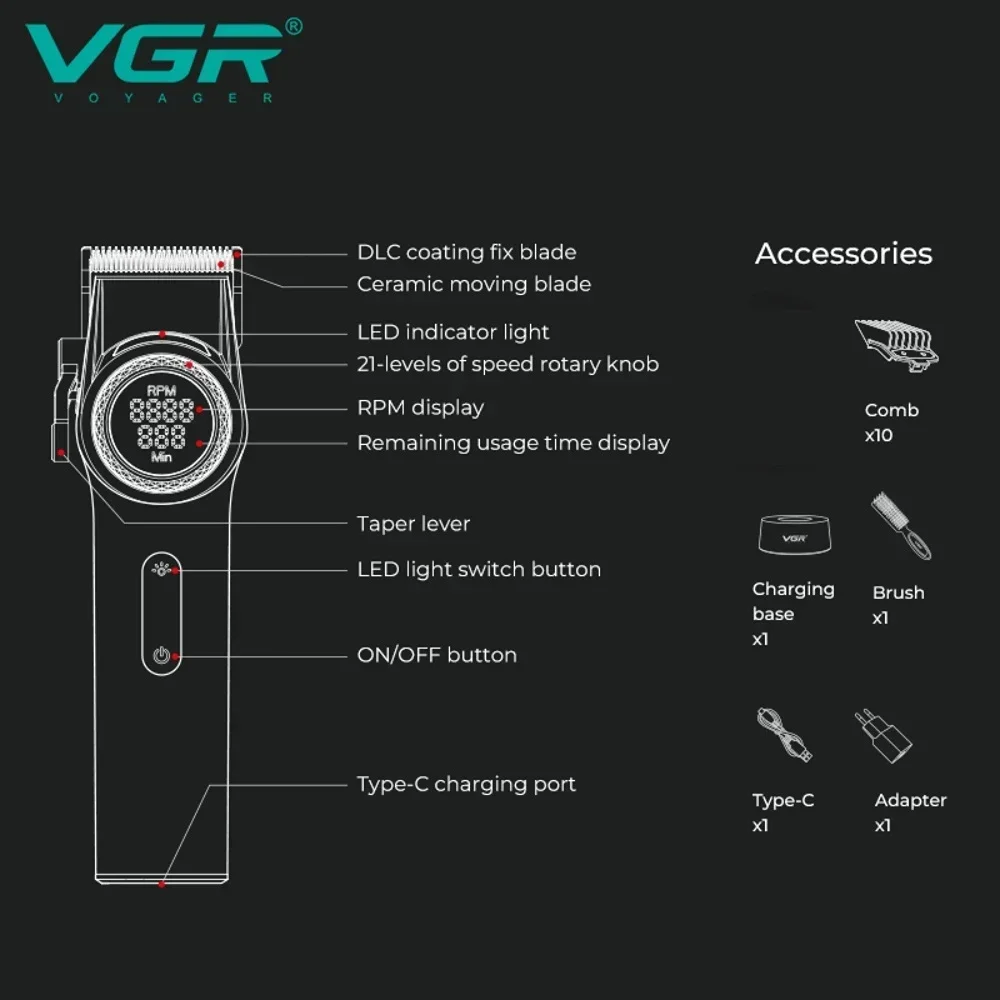 VGR Hair Trimmers Professional Hair Clippers 9000 RPM Machine Brushless Motor Metal Trimmers Electric Trimmer for Men V-001
