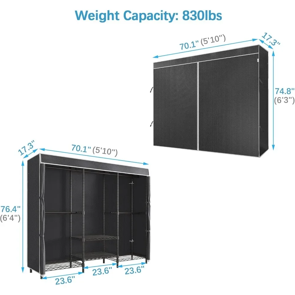 New2025-V5C SE Garment Rack Wardrobe Closet, Heavy Duty Clothes Rack with Adjustable Shelves and Black Cover, Black Metal Closet