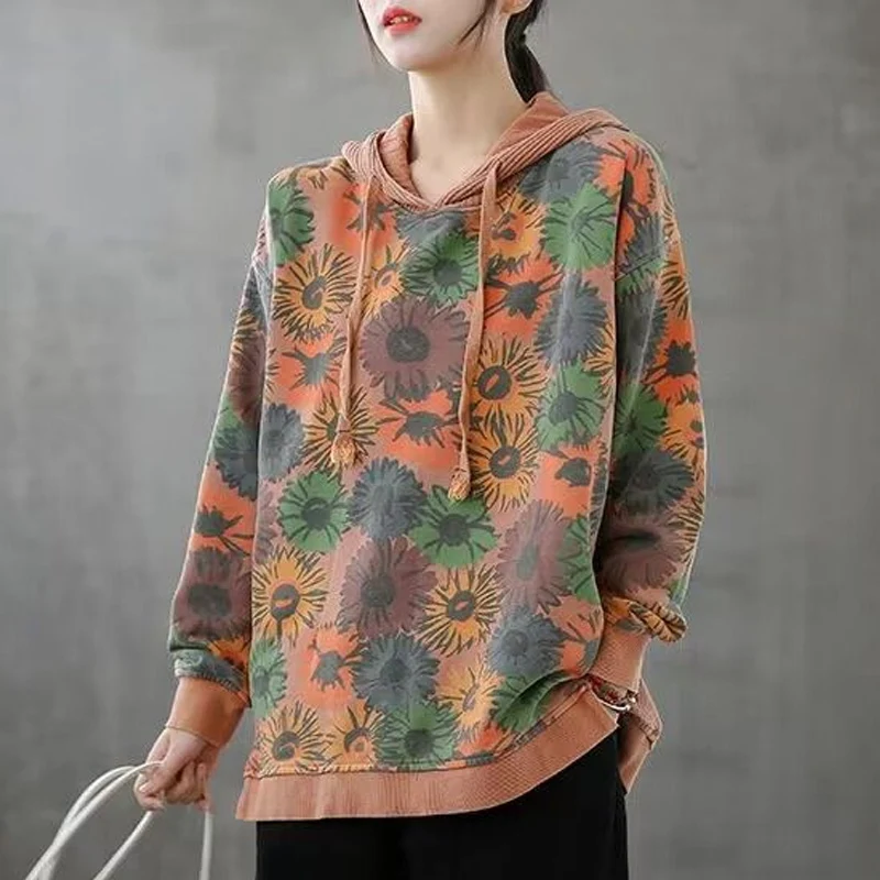 2023 Autumn Winter New Hooded Vintage Floral Printing Sweater Women Korean Style Cotton Long Sleeve Loose Drawstring Pullovers
