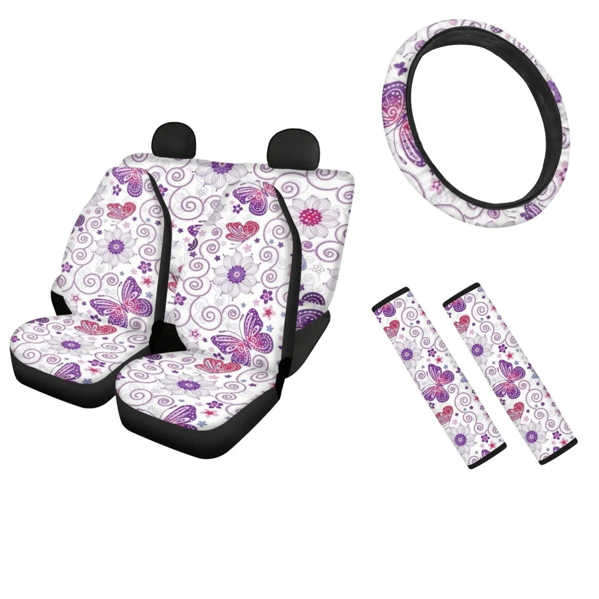 Auto Seat Cover Butterfly Print Pattern Purple Car Accessories Steering