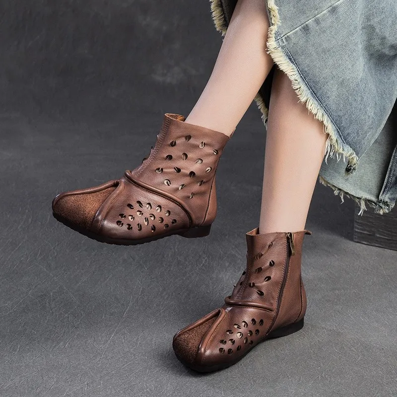 

GKTINOO Retro Handmade Hollow Out Summer Boots 2024 New Genuine Leather Sandals Casual Versatile Women's Shoes