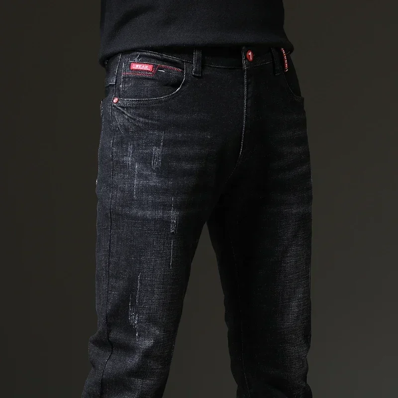 남성용 마이크로 탄성 클래식 청바지, 스트레이트 슬림 패션 데님 바지, 단색 블루 청바지, 2023 용수철 가을