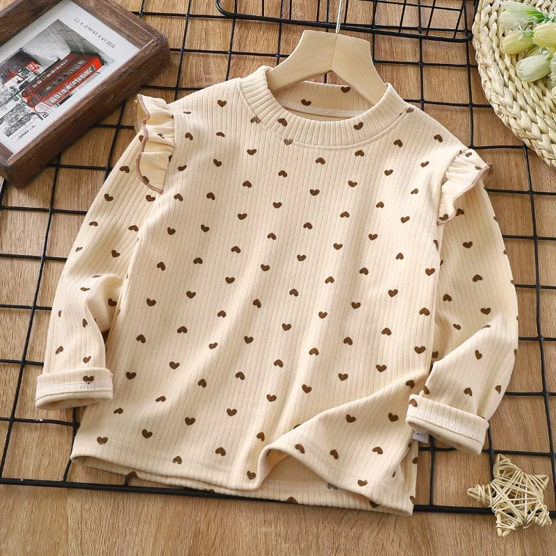 Girls Autumn and Winter Floral Bottoming T-shirt Kids Spring Fly-sleeved Tops Children Thickened Warm Love Floral Tops