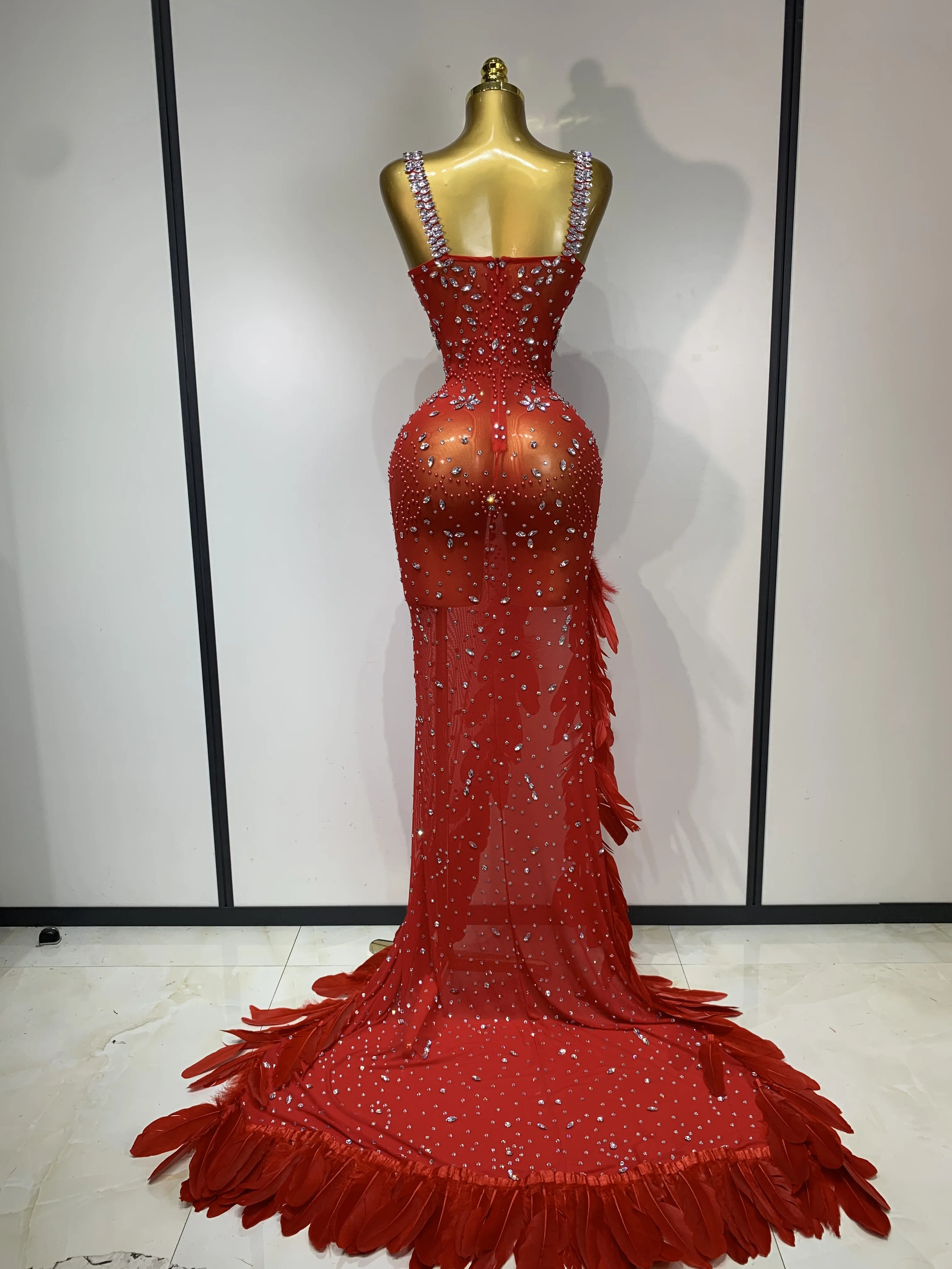 Women Sparkly Rhinestone Feather Mesh Transparent Maxi Long Dress Sexy Backless Birthday Evening Party Singer Stage Costume