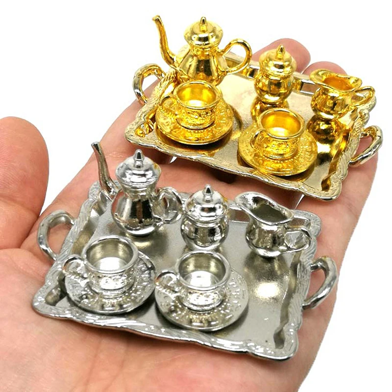 

10Pcs/set Mini Teapot Cup Plate Doll House Miniature Metal Tea Doll House Furniture Miniature Dining Ware Toy