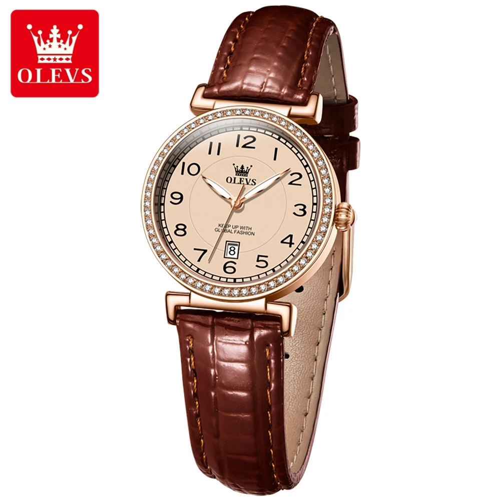 OLEVS 2024 New Fashion Womens Watches Top Brand Luxury Leather Strap Waterproof Calendar Diamond  Quartz Watch Relogio Feminino