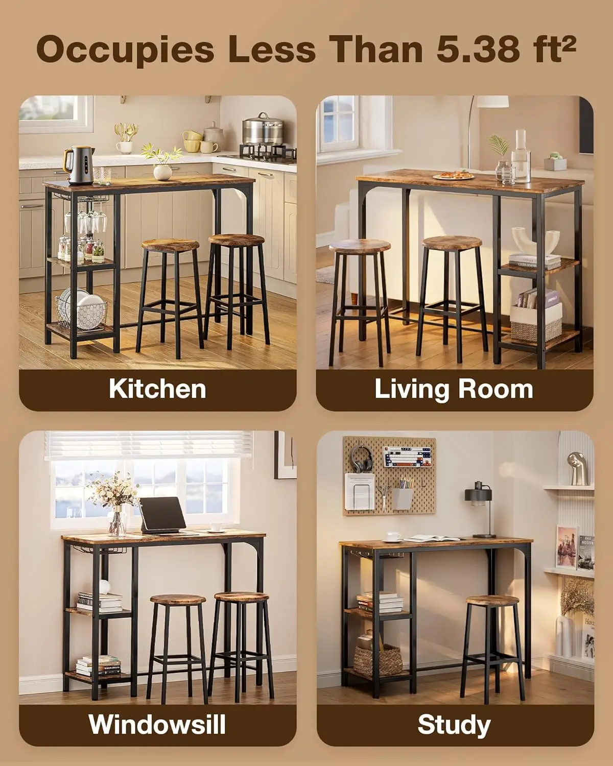 3-Piece Bar Table Set for 2, Bar with Stools & 2 Storage Shelves, Small Bar Set with Glass Rack