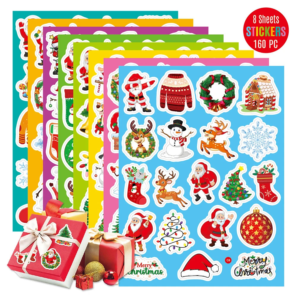 20/40/80/160pcs Kawaii Christmas Cartoon Stickers Snowman Santa Claus Sticker Scrapbooking Fridge Car Stationery Decorative Gift 16pcs pack christmas vase sticker diy craft scrapbooking album junk journal decorative stickers