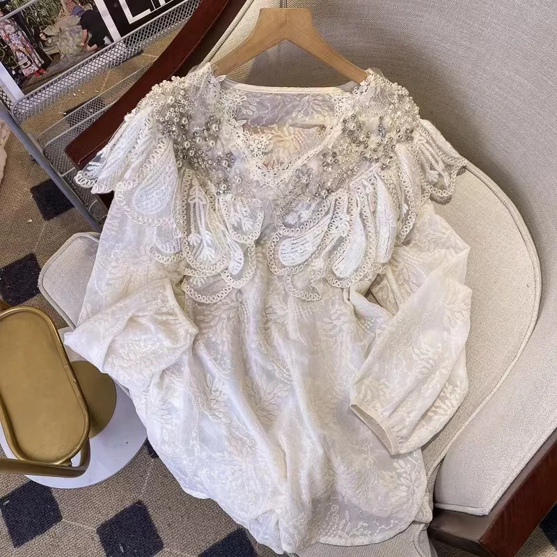 

High Quality Beads Embroidery Lace Shirt Blouse Women 2023 Spring Summer High-end V-neck Loose Crochet Pullover Top Camisas