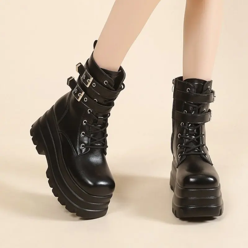 Black Patent Leather Boots For Women Platform Faux Leather Ankle Boots Thick Bottom Fashion New Spring and Fall Plus Size 41 42
