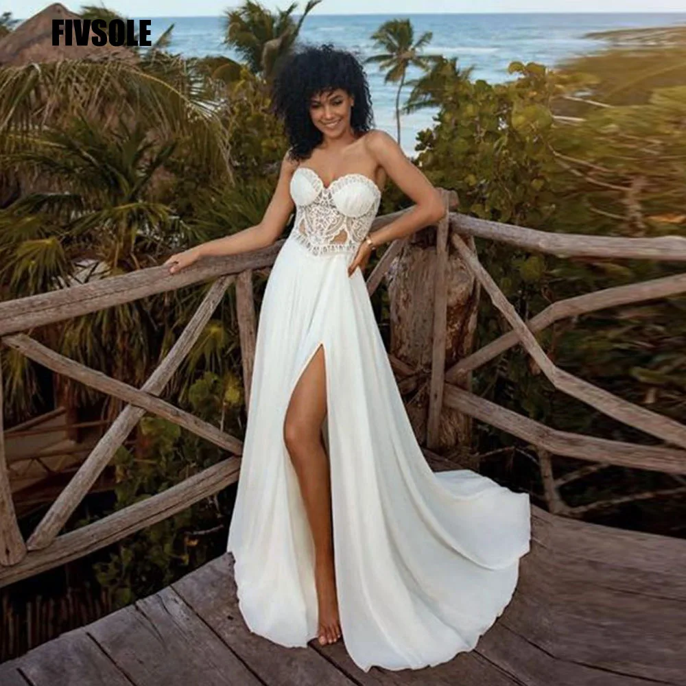 

Fivsole Sweetheart Beach Wedding Dresses Leg Slit Chiffin Vestidos De Novia Lace Appliques Robe De Mariée Wedding Bridal Gonws