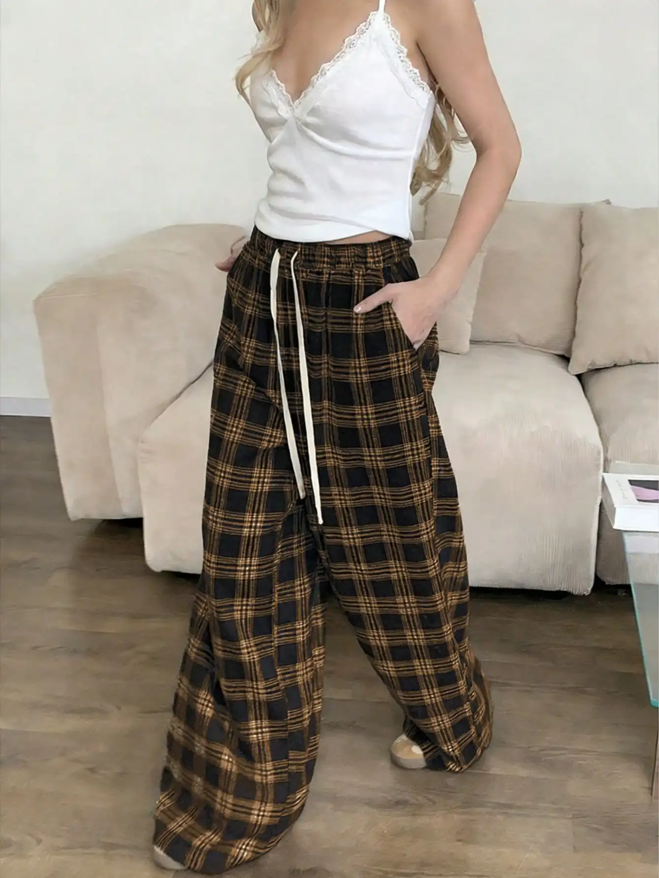 Plaid Pants for Women, High Waist Drawstring Wide Leg Trousers, Casual Streetwear Lounge Pants - 5