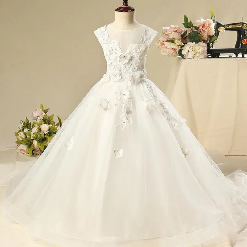 

Long Trailing Girl Wedding Dresses White Tulle Bead Butterfly First communion Gown Kids Evening Formal Princess Tutu Dress