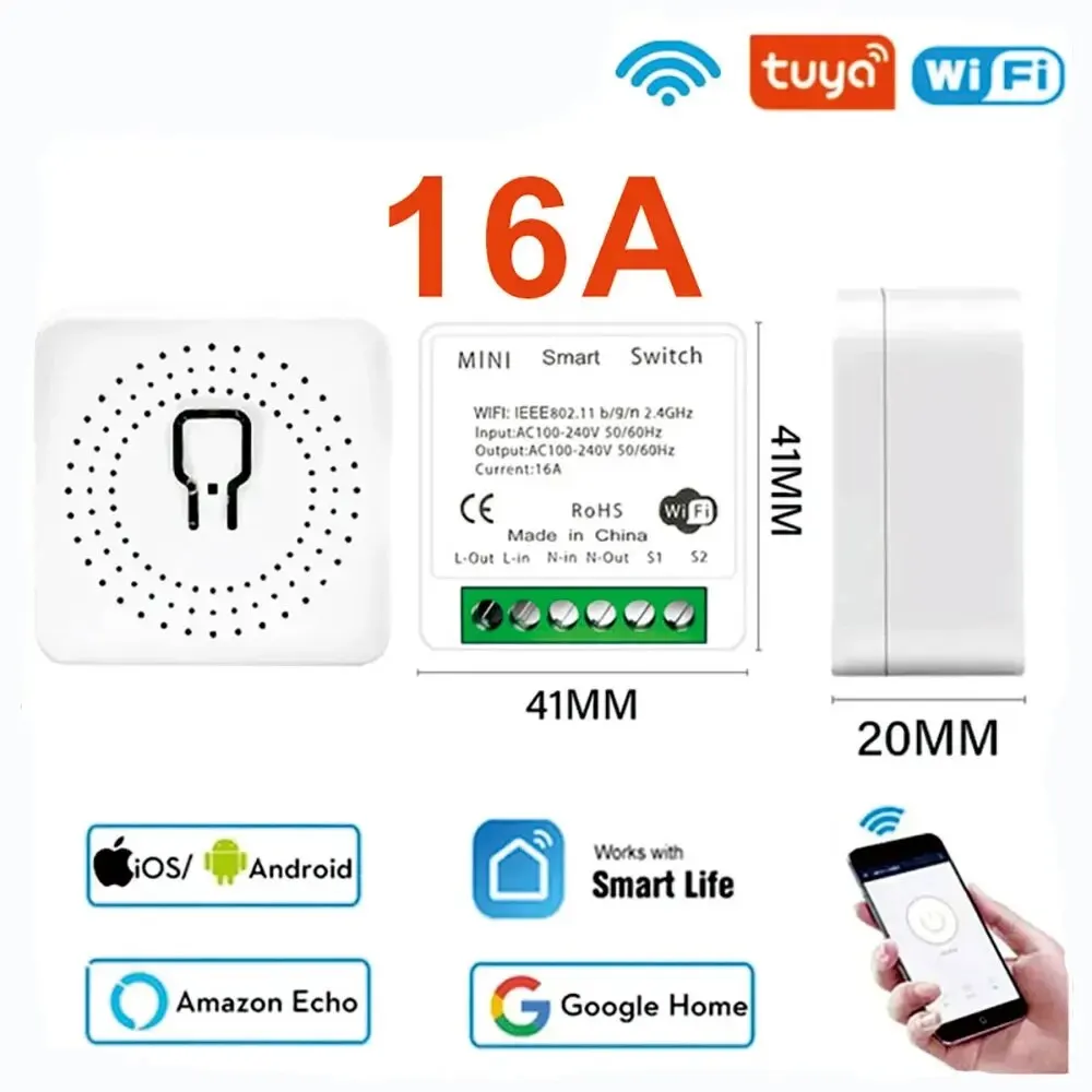 Smart Light Switch 16A Wifi Mini Smart Switch Wireless DIY Light Switches 2 Way Control Breaker Work with Tuya Smart Life Alexa Google Home