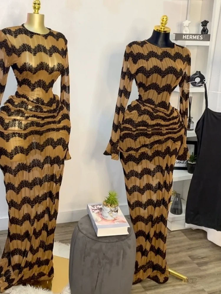 Wmstar Dress Women Wholesale 2025 Cross Border Striped Long Sleeved High Waisted Sexy Vacation Two Pieces Including Innerwear