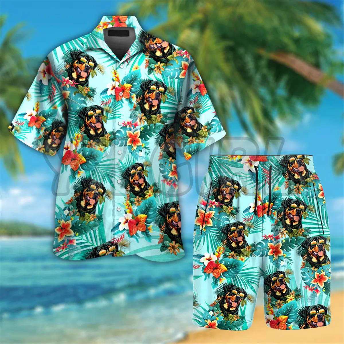 Rottweiler Dog Wearing Sunglass Funny Colorful Hawaiian Shirt 3D Printed Hawaiian Shirt+Beach Shorts Men Love Dog Gift