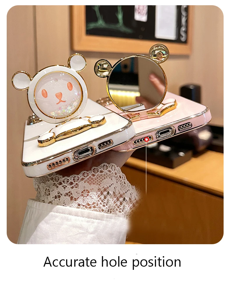 Coque de téléphone avec support de téléphone, miroir de sable mouvant, ours mignon, pour iPhone 14 11 12 13 Pro Mini 8 7 6 6S Plus 10 X Xr Xs Max Se_voghion.com