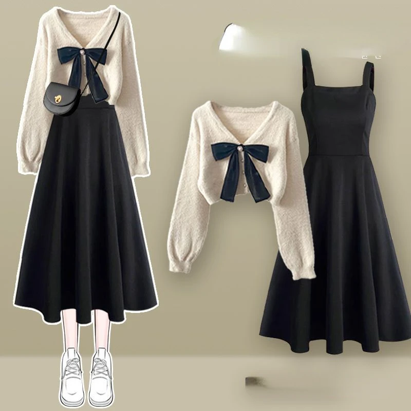 

Autumn Two Pieces Women's Sets Knitted Tracksuit V-Neck Short Sweater and Front High Waist Dresses Temperament Outfit Suits G892