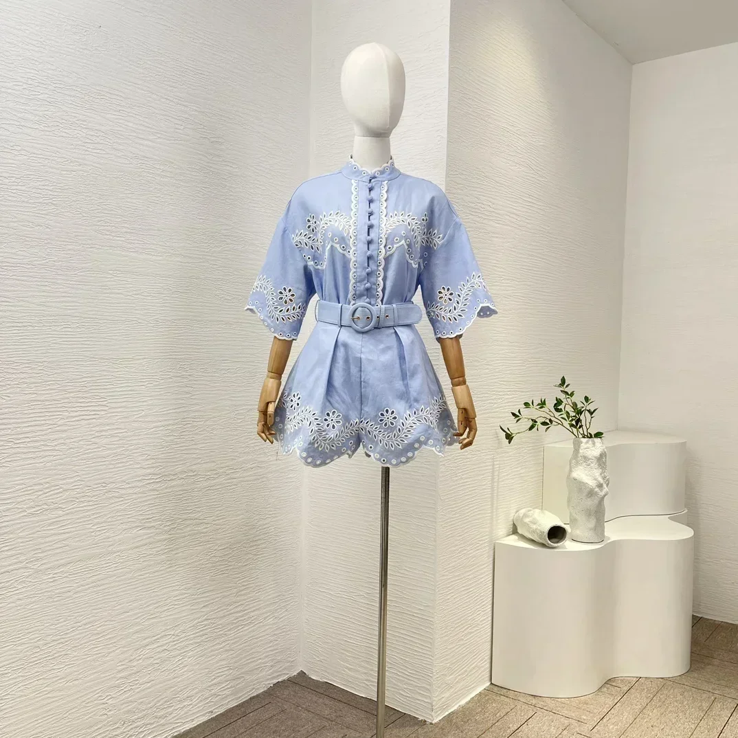 

Женский комплект из блузки и шортов, хлопковая голубая ажурная блузка с коротким рукавом и шорты для отдыха и пляжа, 2023